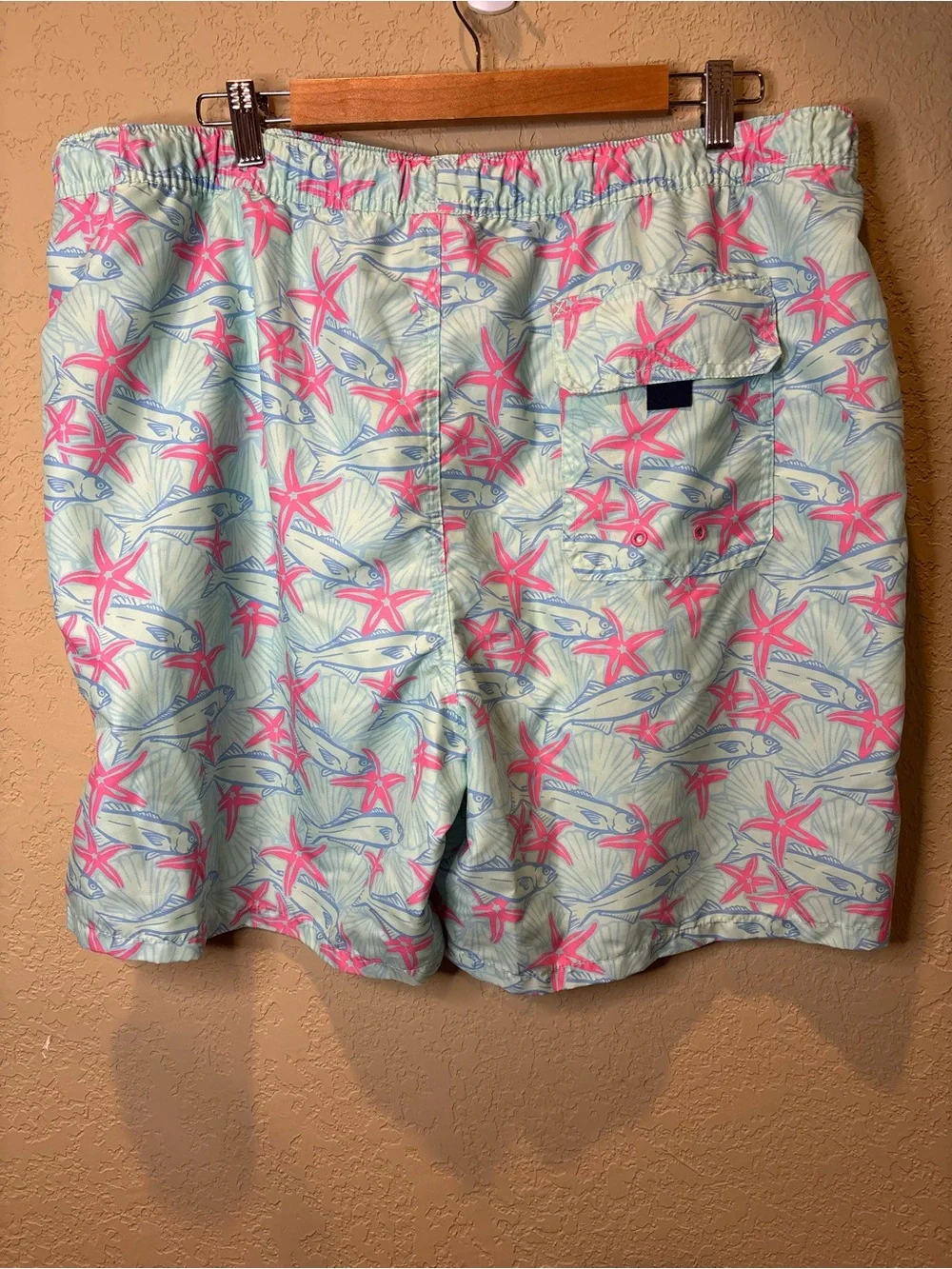 Vineyard Vines Light Green Swim Trunks with Pink Starfish and Blue Fish